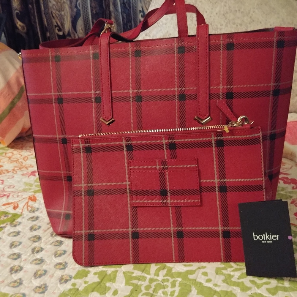 Botkier Bowery Saffiano large black/red plaid.
